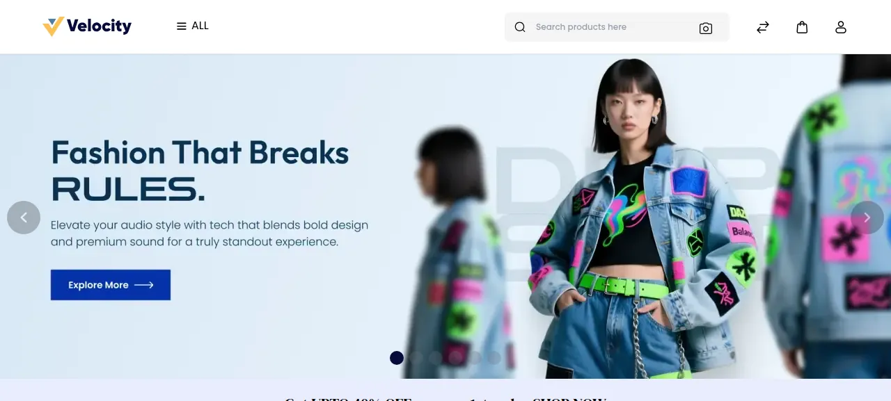 The Bagisto storefront home page with its default Velocity theme